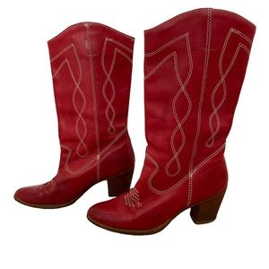 Vintage Red Leather Cowboy Cowgirl Western Boots with Stitching 7.5